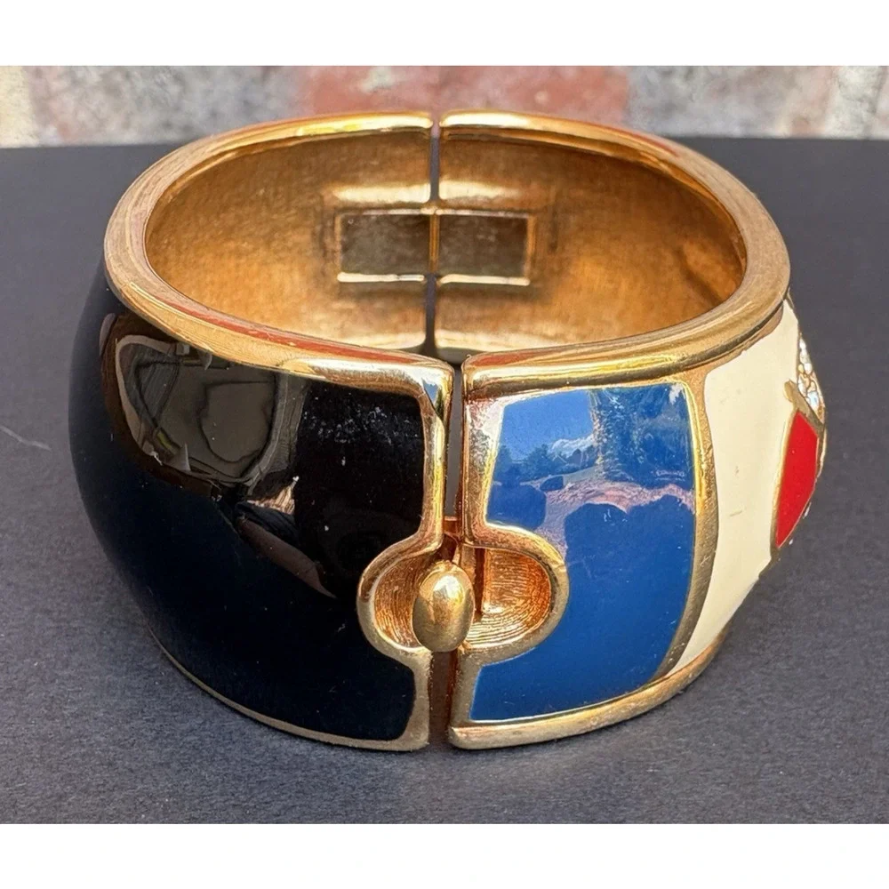 Swarovski Crystal Bracelet Wide Hinged Gold Tone Enamel Charm Cuff Nautical‎ - Picture 4 of 10